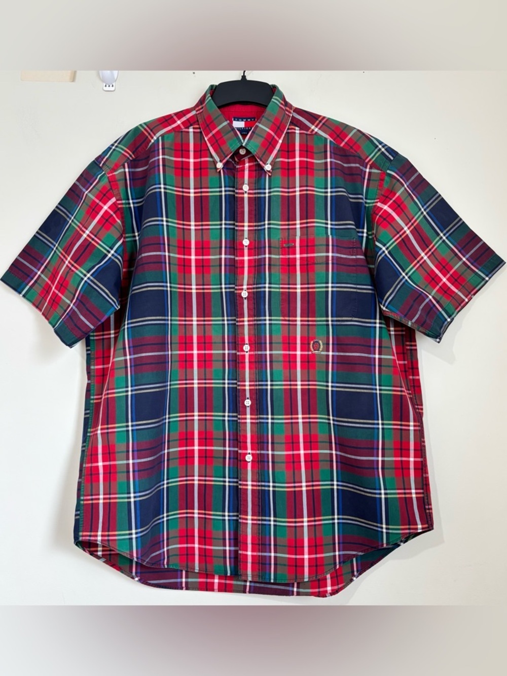Tommy Hilfiger Vintage 90's Short Sleeve Red Green Tartan Cottage Preppy Shirt L